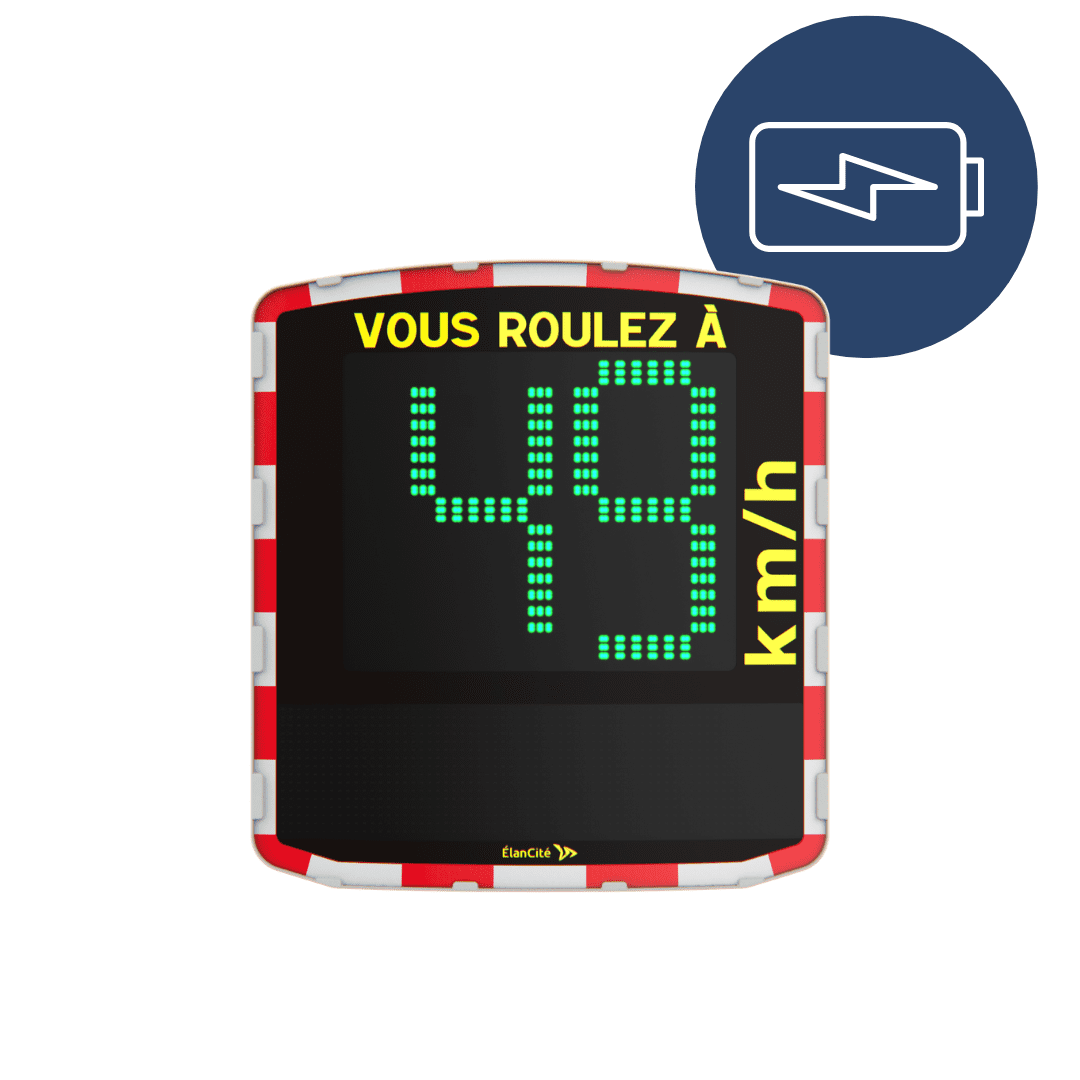 Packshot d'un radar pédagogique sans alimentation EVOLIS Vision qui affiche une allure de vitesse autorisée de 49 km/h. Deux pictogrammes : batterie en cours de chargement et fabriqué en France