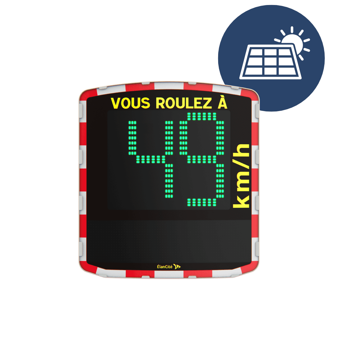 Packshot d'un radar pédagogique solaire EVOLIS Vision qui affiche une allure de vitesse autorisée de 49km/h. Deux pictogrammes : alimentation solaire et fabriqué en France