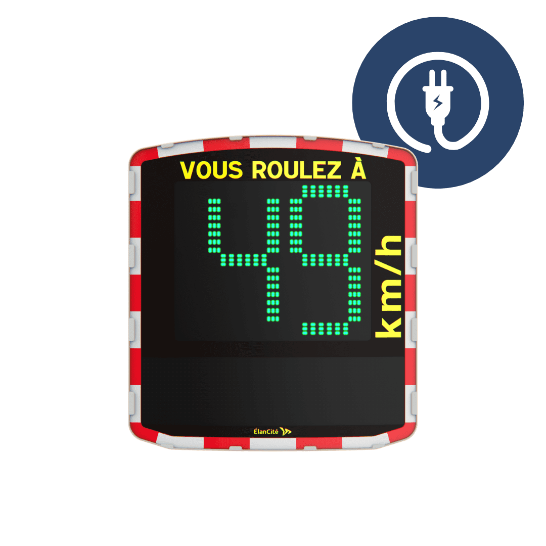 Packshot d'un radar pédagogique électrique EVOLIS Vision qui affiche une allure de vitesse autorisée de 49km/h. Deux pictogrammes : alimentation électrique et fabriqué en France
