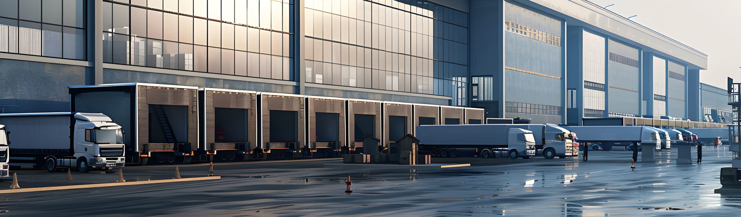 Centro logistico con camion parcheggiati ai moli di carico.