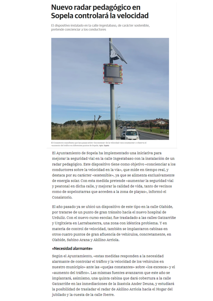 Article qui énonce l'installation d'un radar pédagogique EVOLIS Vision sur un axe routier de Sopela, en Espagne 