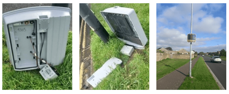 Image carousel of a damaged EVOLIS Vision radar speed sign and its repair and return to service.