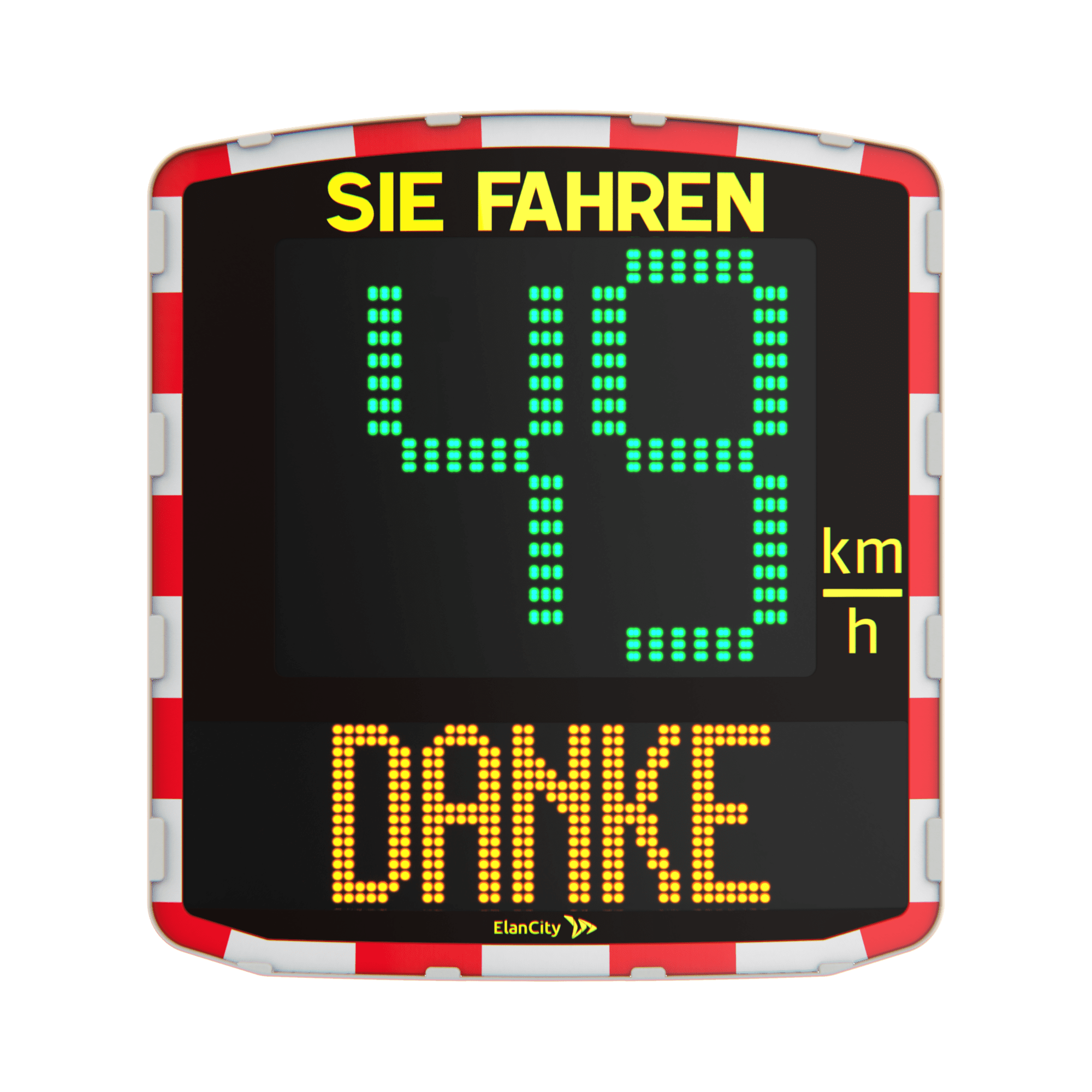 ein pädagogisches Radargerät, das eine Geschwindigkeit von 49 km/h und die Präventionsbotschaft „Danke“ anzeigt