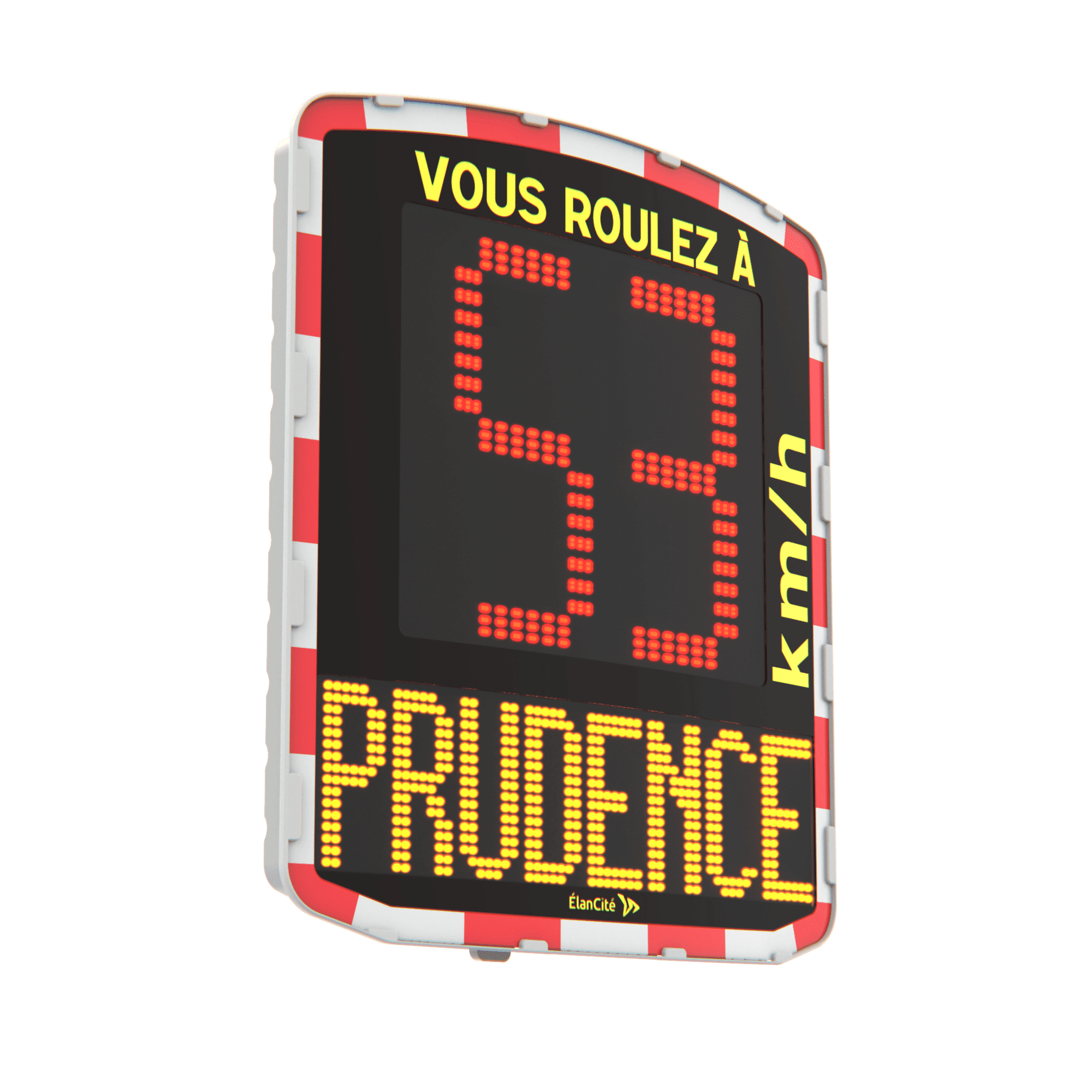 Iconographie du radar EVOLIS Vision qui indique un excès de vitesse de 53km/h et le message "prudence"