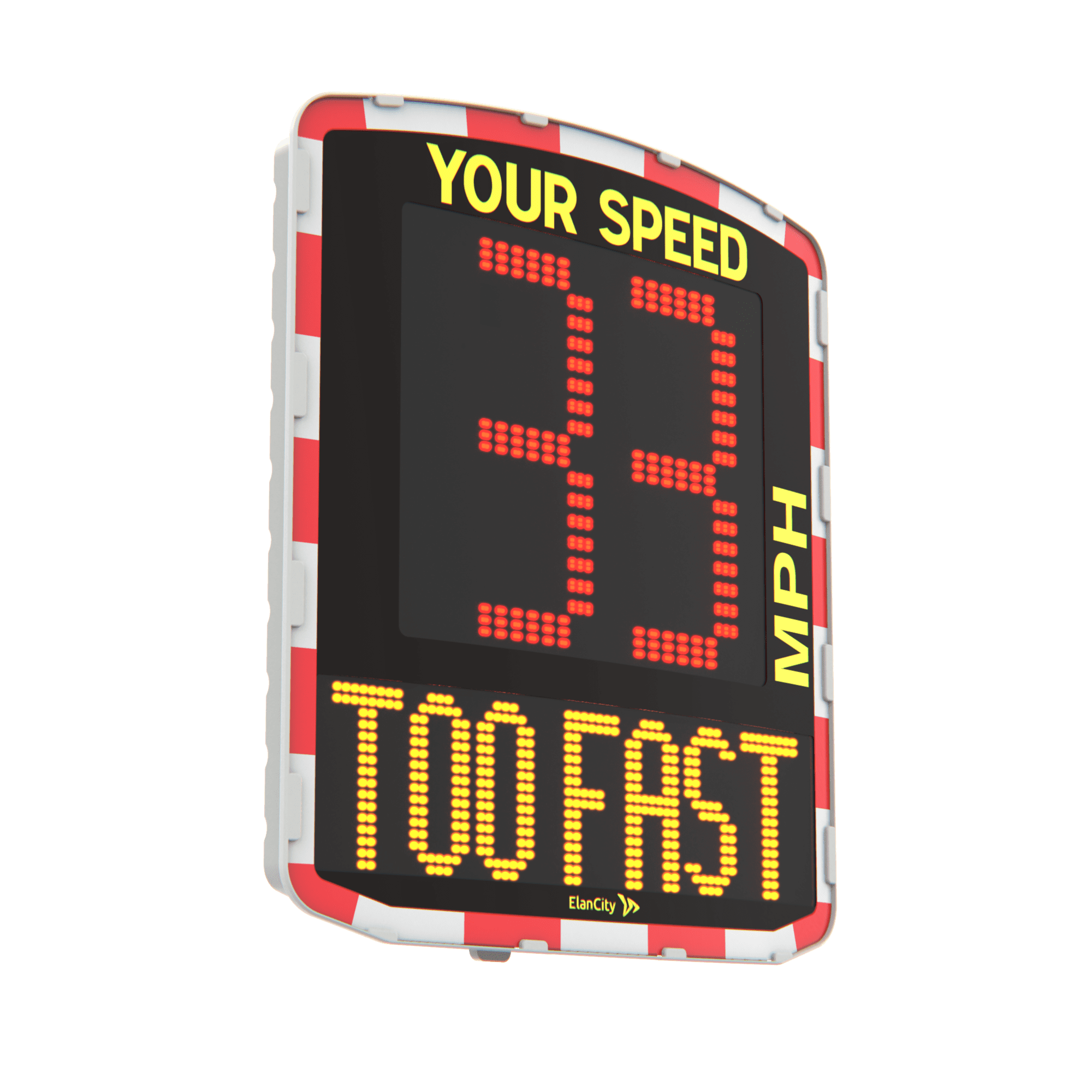 Pictogram of EOLIS Speed Indicator Device which displays a speed limit of 33 mph and awareness message "TOO FAST"