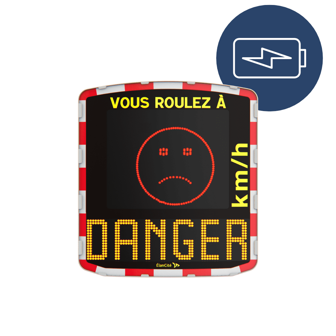 Packshot d'un radar pédagogique sur batterie EVOLIS Vision qui affiche un Smiley rouge et un message de prévention "Danger"