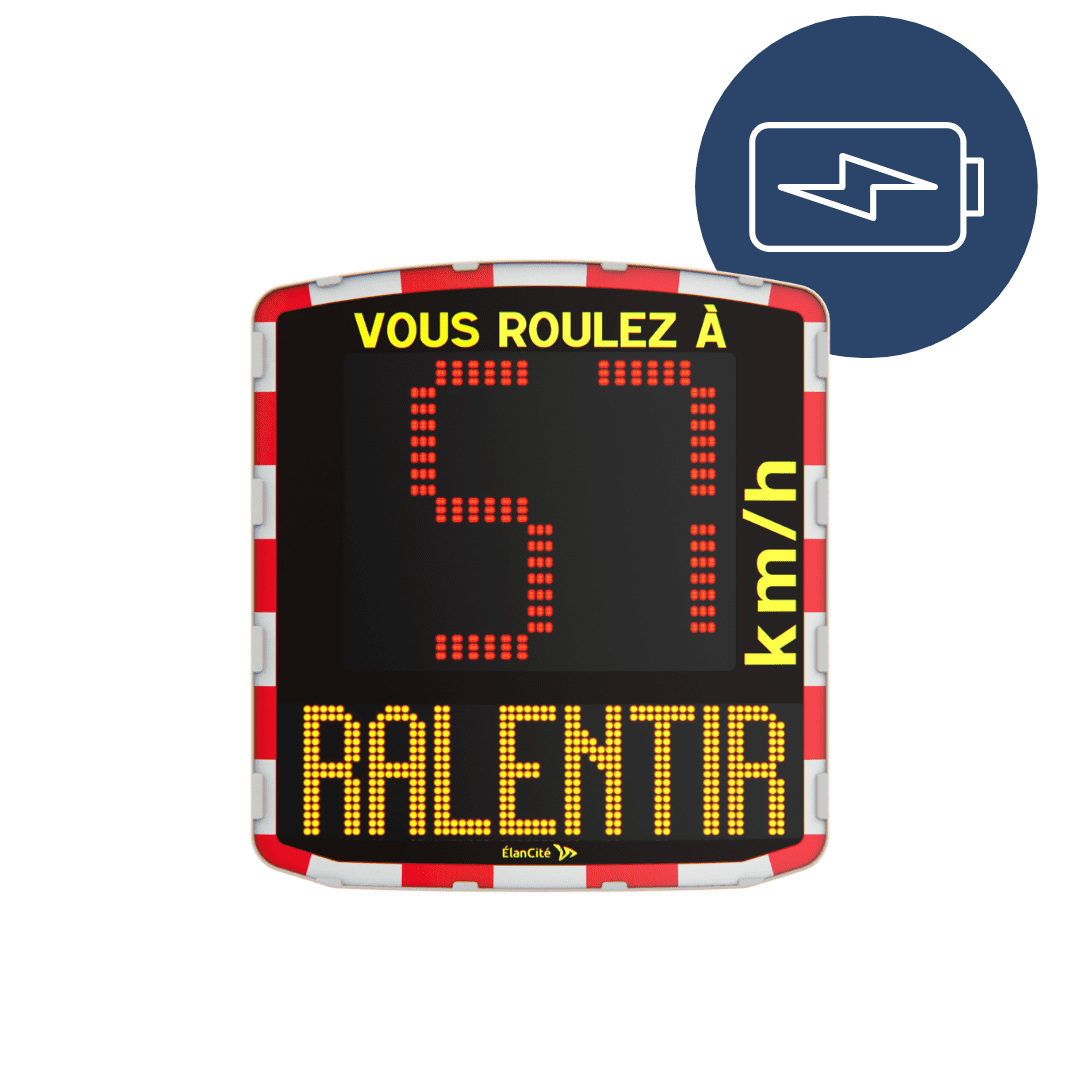Packshot d'un radar pédagogique sur batterie EVOLIS Vision qui affiche une allure de vitesse excessive de 57km