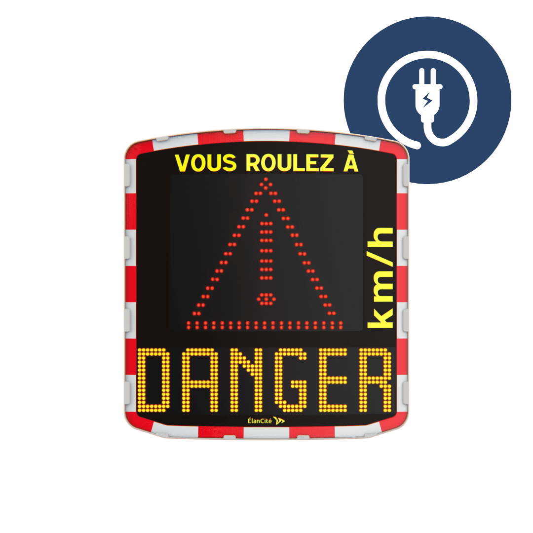Packshot d'un radar pédagogique sur batteries qui affiche un triangle et un message de prévention "DANGER"