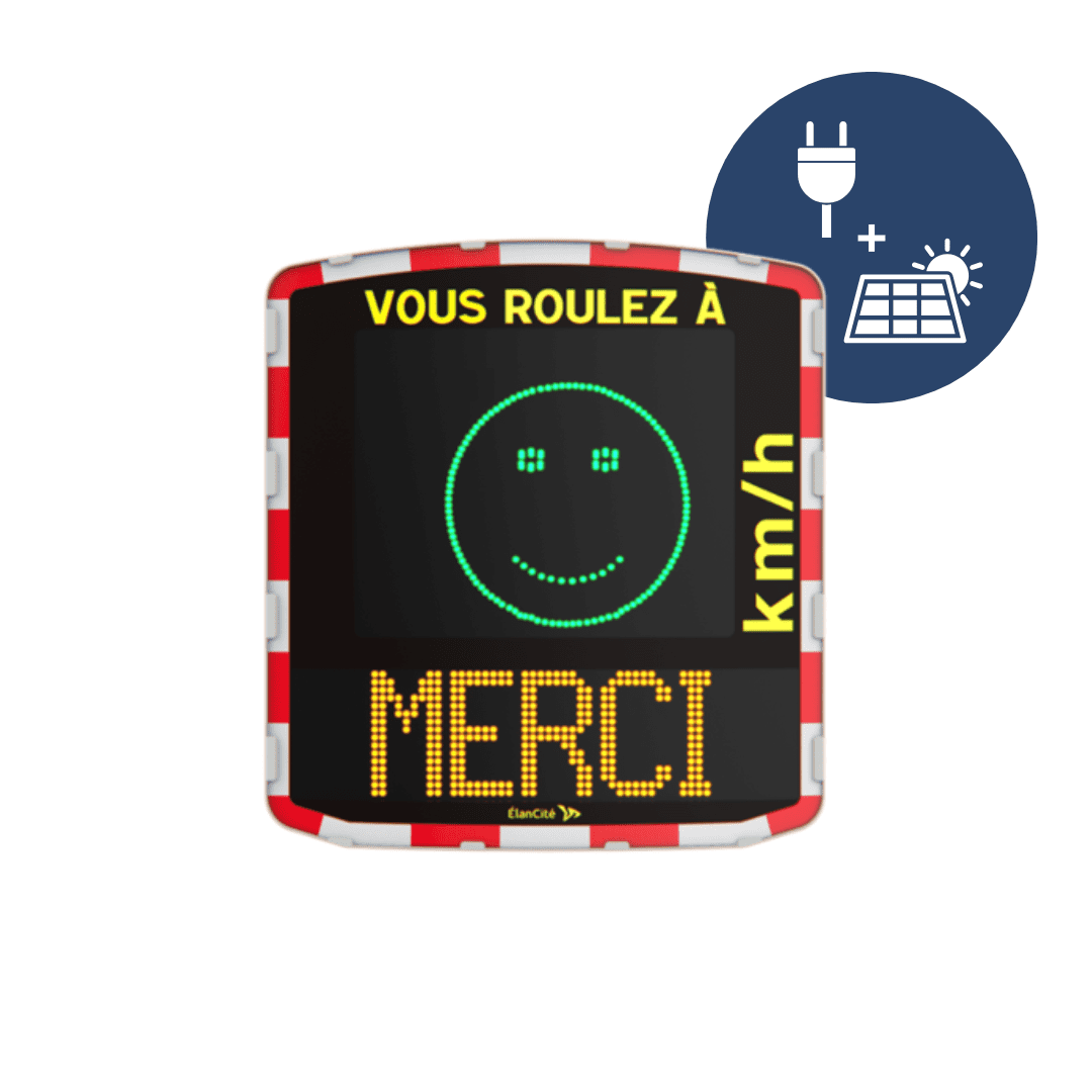 Packshot d'un radar pédagogique double alimentation qui affiche un smiley vert
