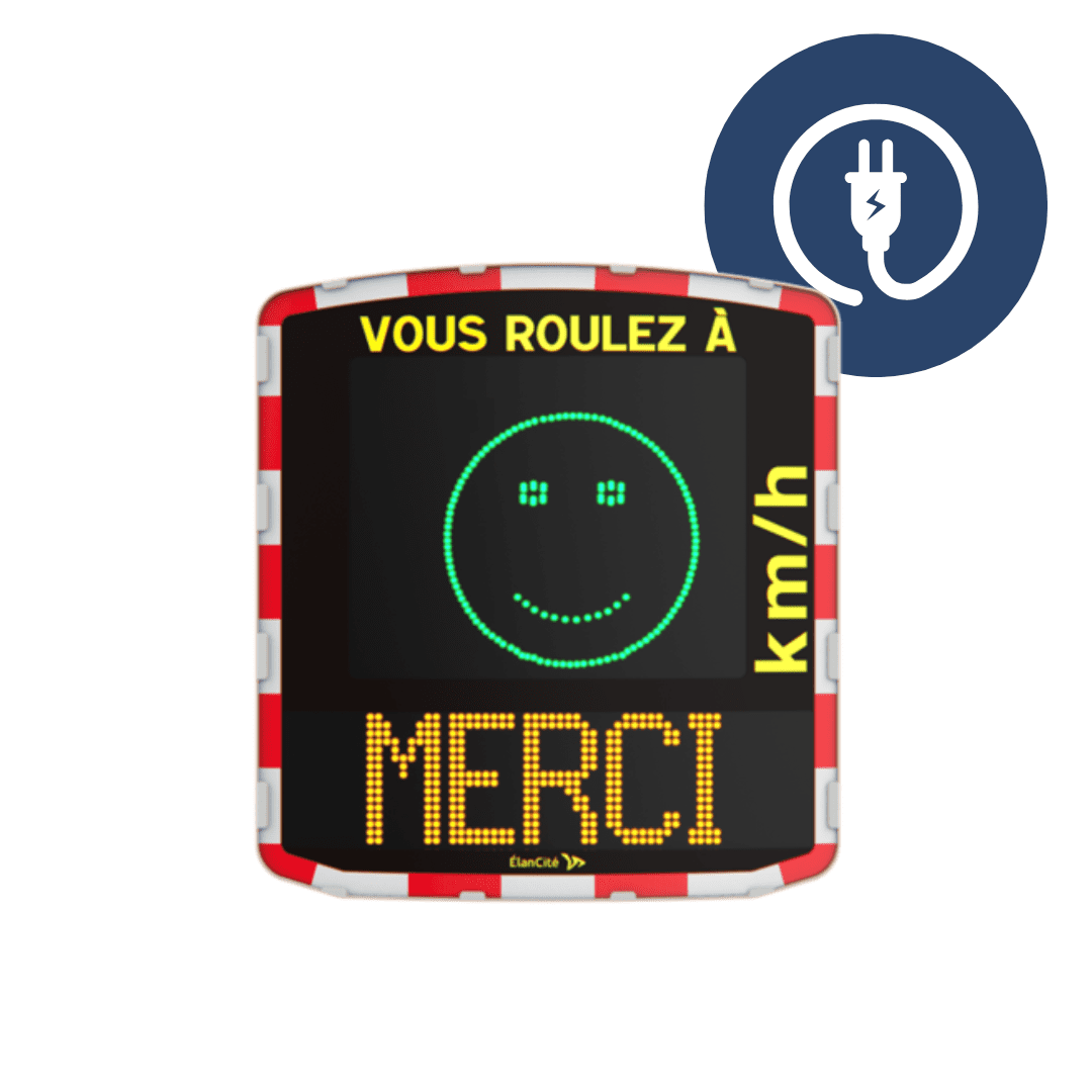 Packshot d'un radar pédagogique électrique qui affiche un smiley vert et un message de prévention "MERCI"