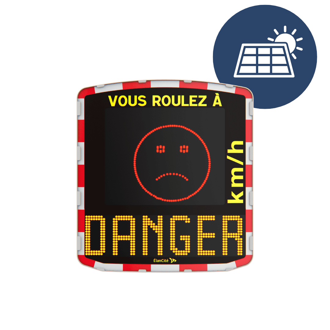 Packshot d'un radar pédagogique solaire EVOLIS Vision qui affiche u, Smiley rouge et un message de prévention "DANGER"