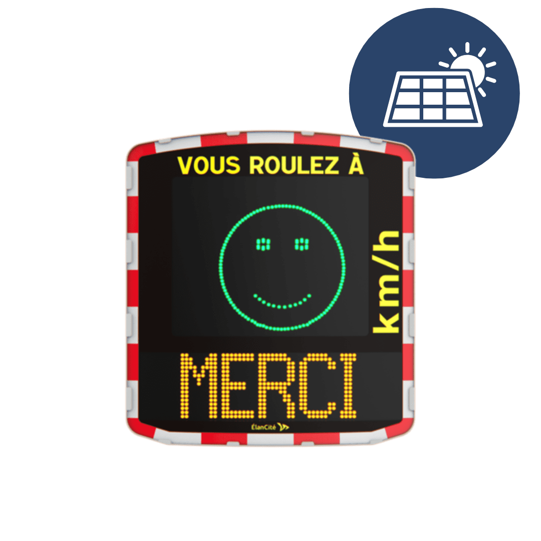 Packshot d'un radar pédagogique solaire EVOLIS Vision qui affiche un smiley vert et un message de prévention "MERCI"