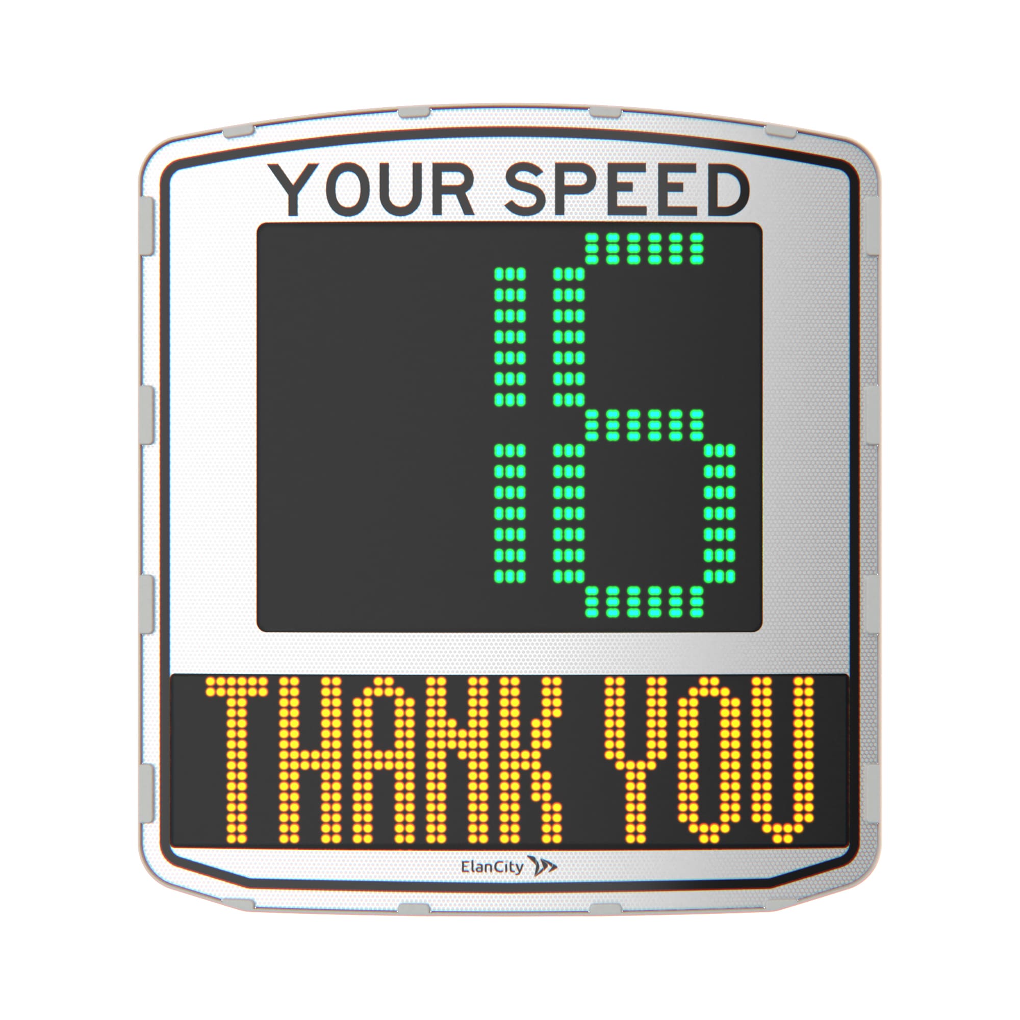 A radar speed sign in white frontface which display a speed of 16mph